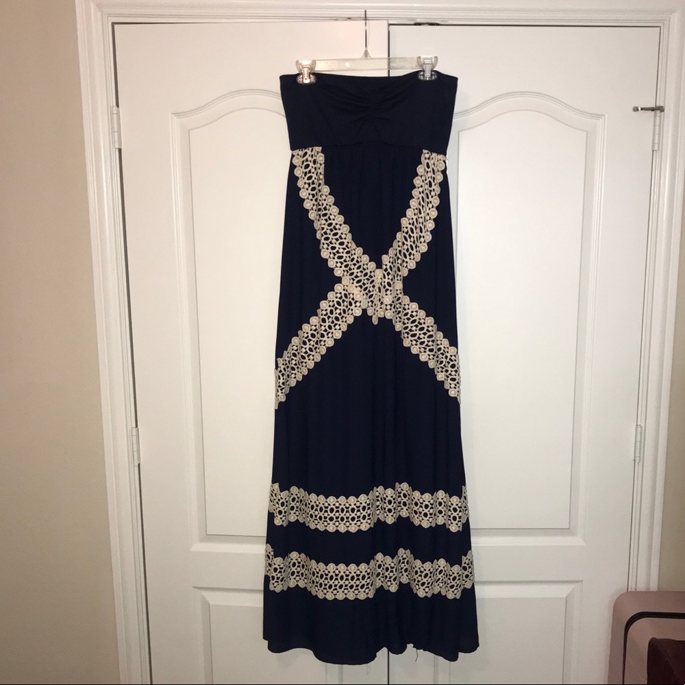 Judith March Navy and White Strapless Maxi Dress